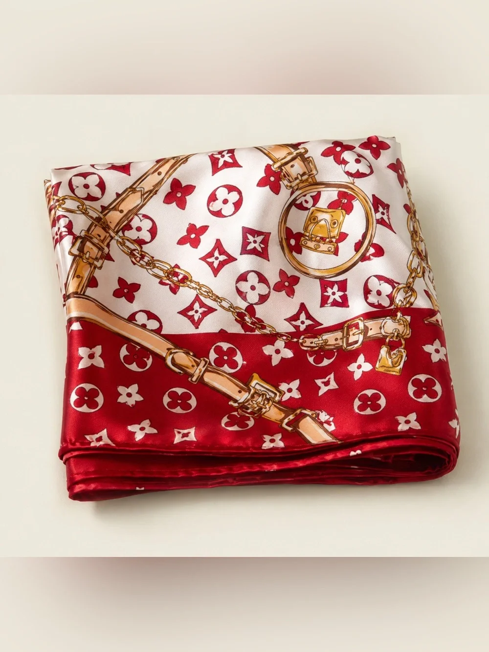 Red & White Chain Print Silk Inspired Scarf